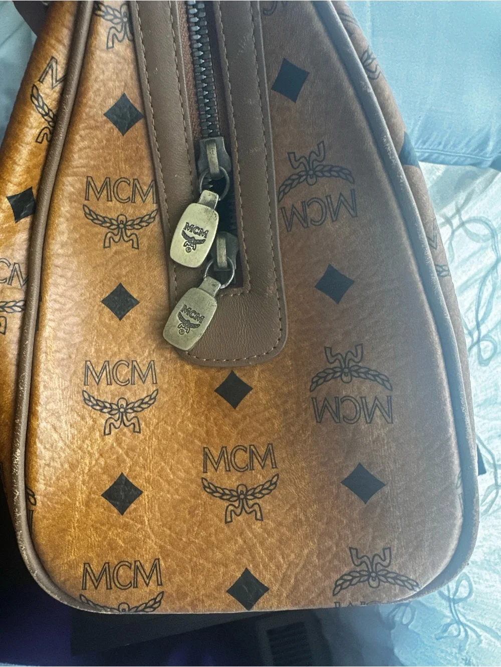 MCM Visetos Cognac Logo Satchel with Brown Trim